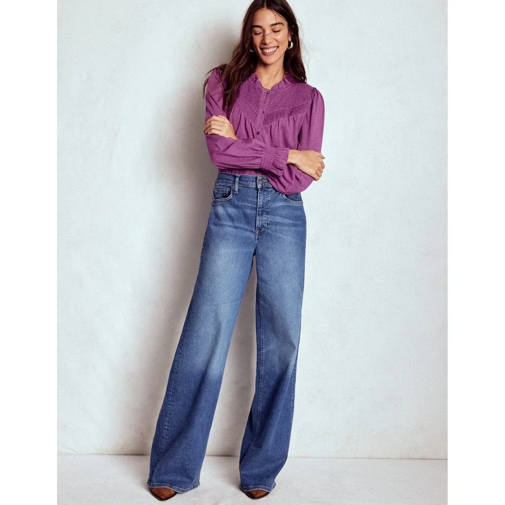 Boden Womens Purple Smocked Yoke Ruffle Button Front Blouse Top US 4 Modal Blend